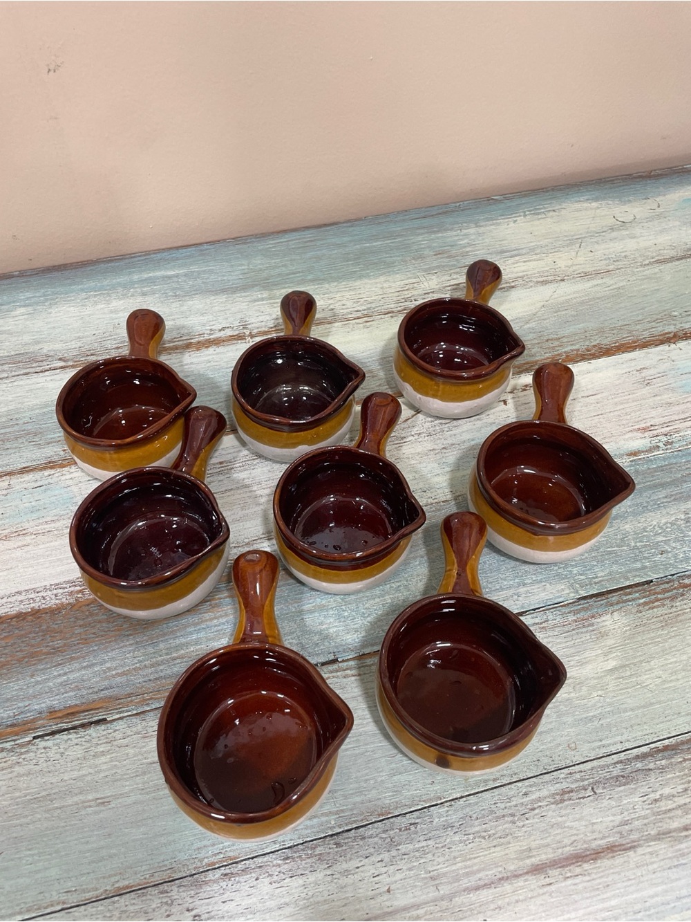 Set of 8 MCM Brown Crocks Individuals Casseroles with Handles Vintage Stoneware